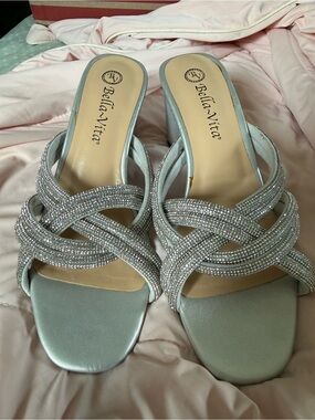 Bella Vita Silver Crystal-Knot Heeled Slides